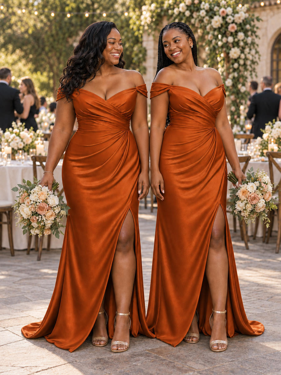 ChicSew Elegant V-Neck Off Shoulder Ruching Side Slit Soft Satin Mermaid Floor-Length Bridesmaid Dresses