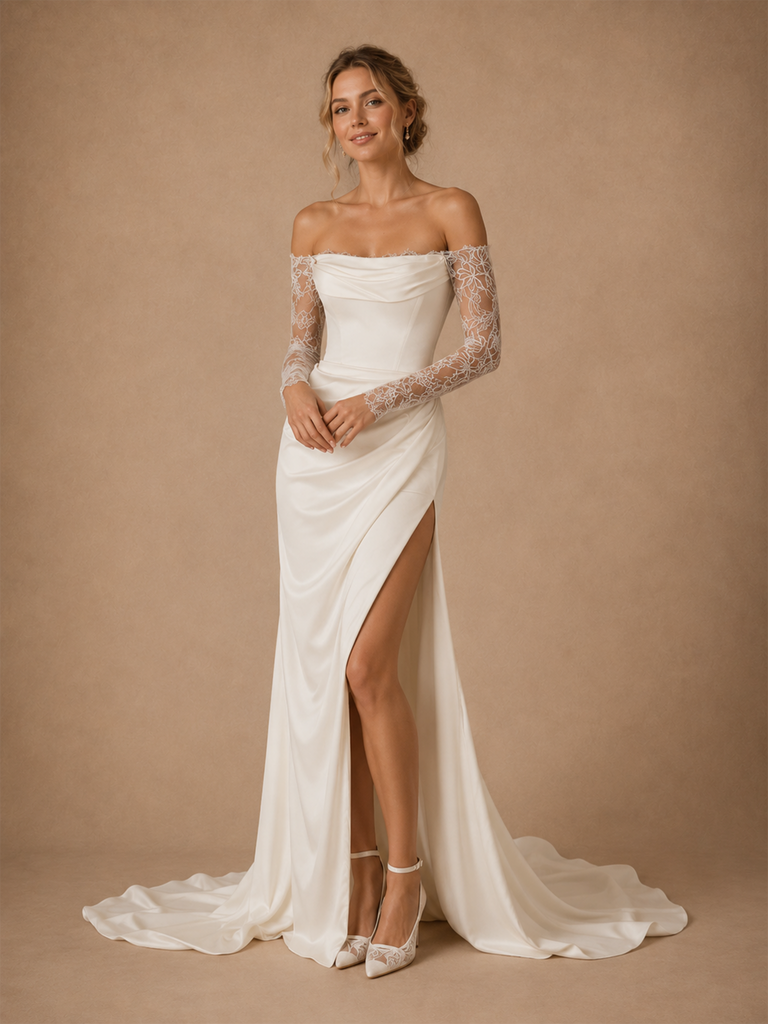 ChicSew Sexy Ruching Long Sleeves Satin Mermaid Floor-Length Wedding Dress With Side Slit