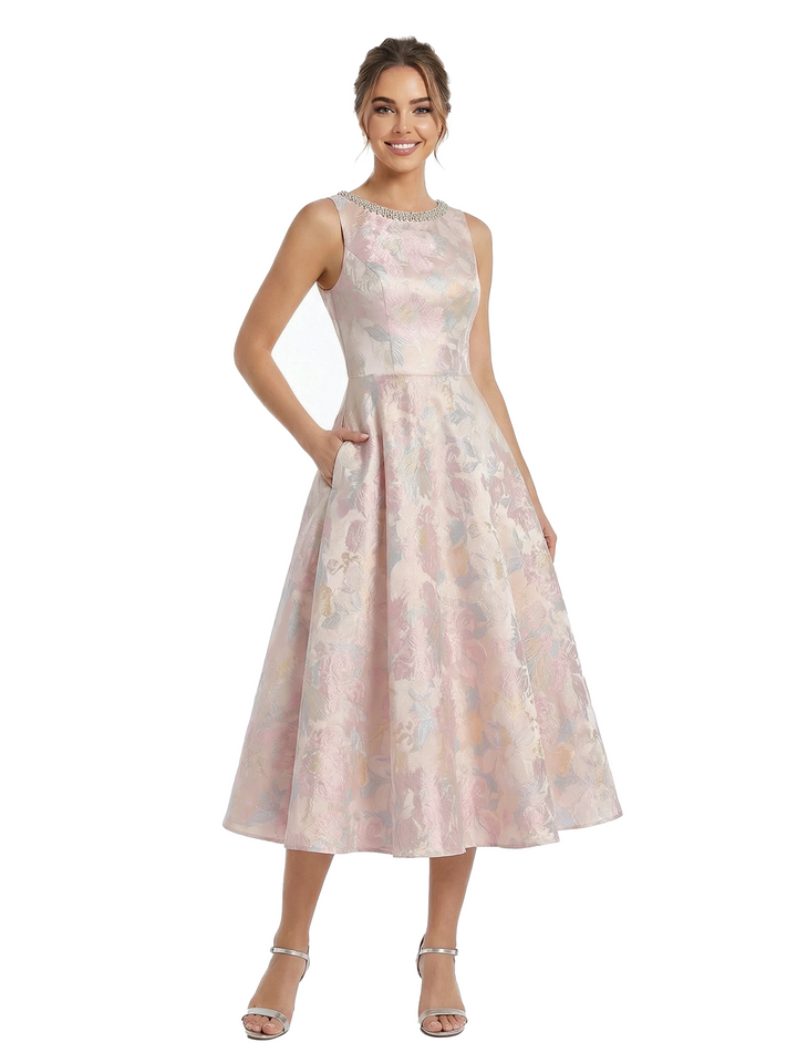 ChicSew Beautiful Jacquard Satin Jewel A-Line Midi Evening Formal Dresses With Bow
