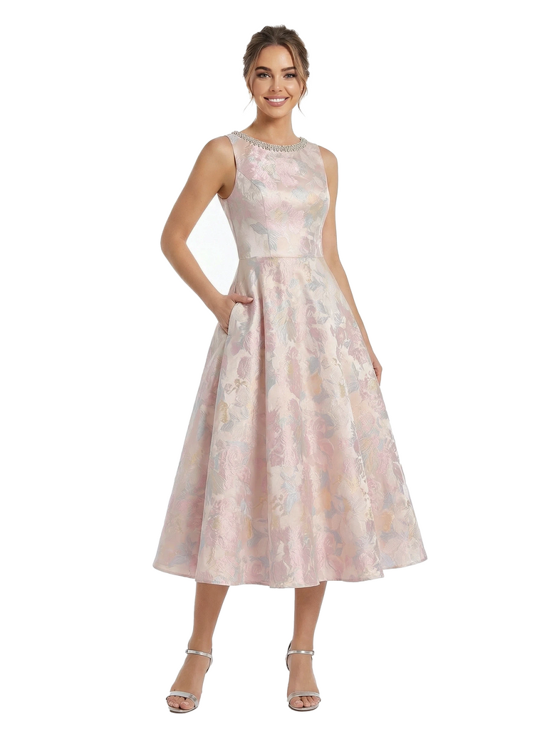 ChicSew Beautiful Jacquard Satin Jewel A-Line Midi Evening Formal Dresses With Bow