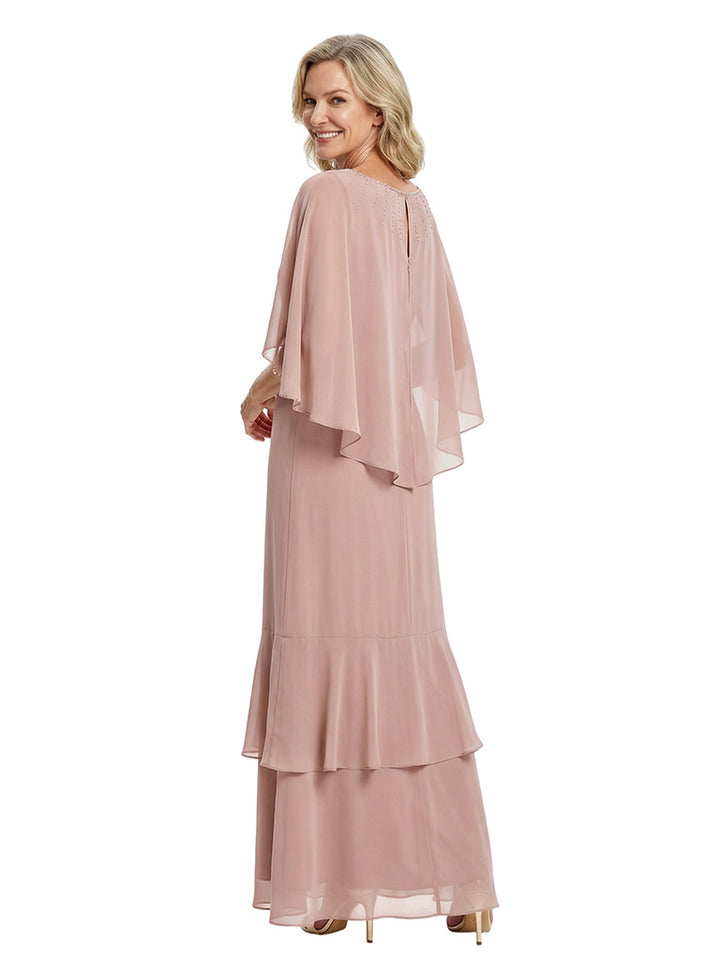 Beautiful Cape Sleeves Tiered Chiffon Beaded Sheath Mother Of The Bride Dress