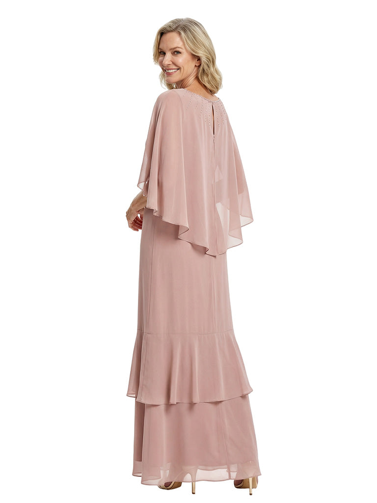 Beautiful Cape Sleeves Tiered Chiffon Beaded Sheath Mother Of The Bride Dress