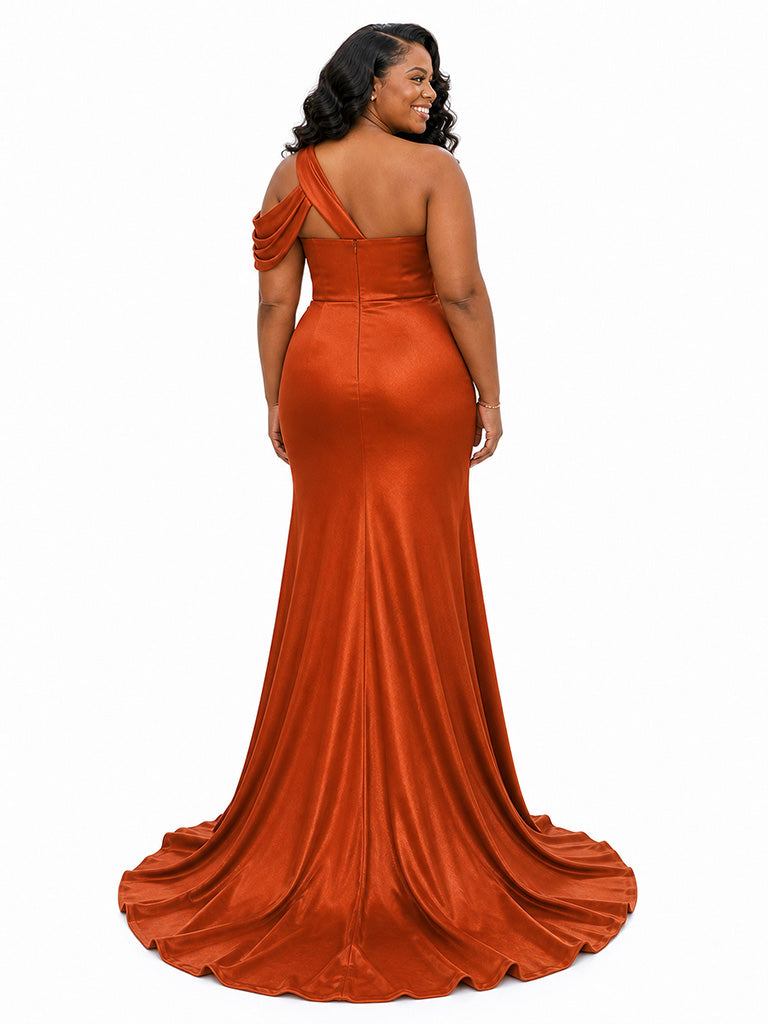 ChicSew Cold Shoulder Ruching Side Slit Mermaid Soft Satin Long Bridesmaid Dresses