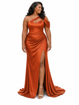 ChicSew Cold Shoulder Ruching Side Slit Mermaid Soft Satin Long Bridesmaid Dresses