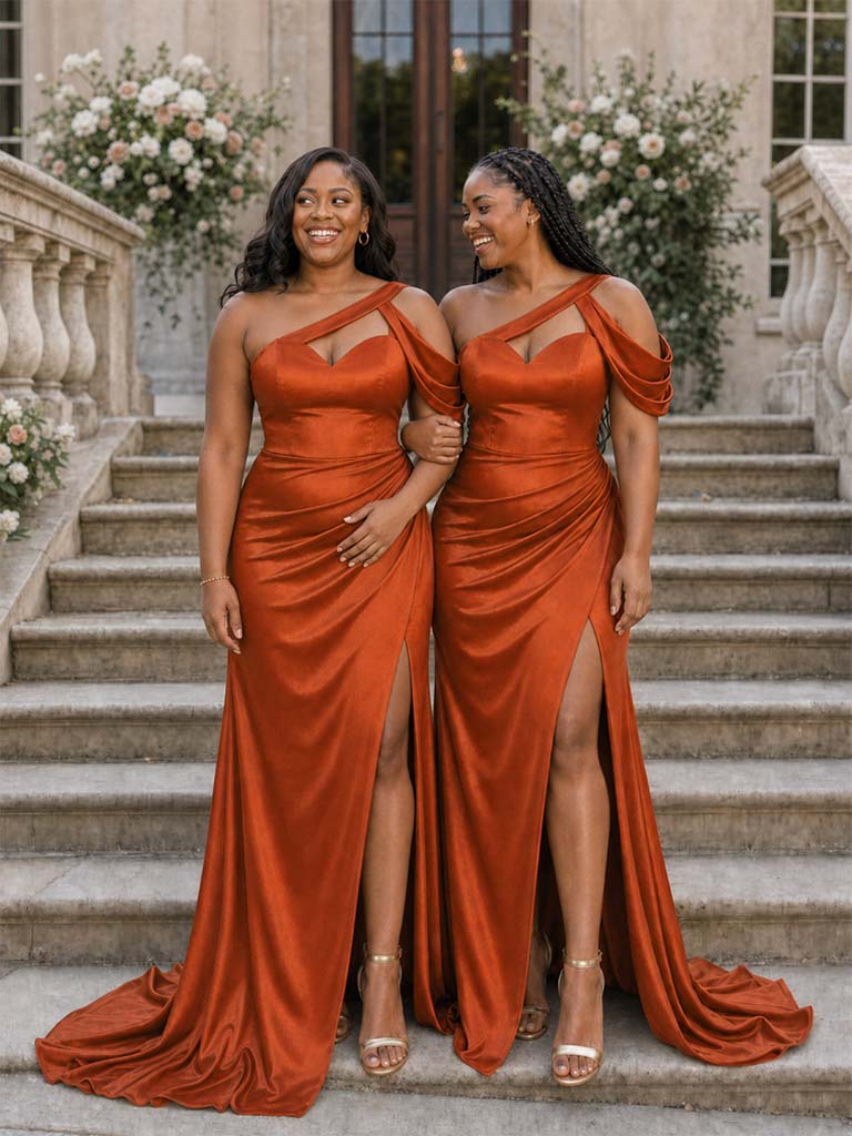 ChicSew Cold Shoulder Ruching Side Slit Mermaid Soft Satin Long Bridesmaid Dresses