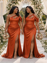 ChicSew Cold Shoulder Ruching Side Slit Mermaid Soft Satin Long Bridesmaid Dresses