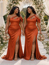ChicSew Cold Shoulder Ruching Side Slit Mermaid Soft Satin Long Bridesmaid Dresses