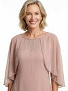 Beautiful Cape Sleeves Tiered Chiffon Beaded Sheath Mother Of The Bride Dress