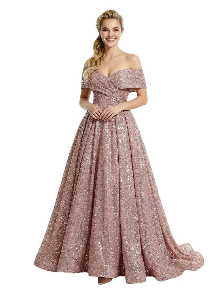 Beautiful Off Shoulder Ruched Sequin Prom Gown Classy Ballgown Long Dress