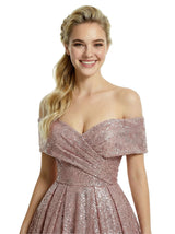 Beautiful Off Shoulder Ruched Sequin Prom Gown Classy Ball Gown Long Dress