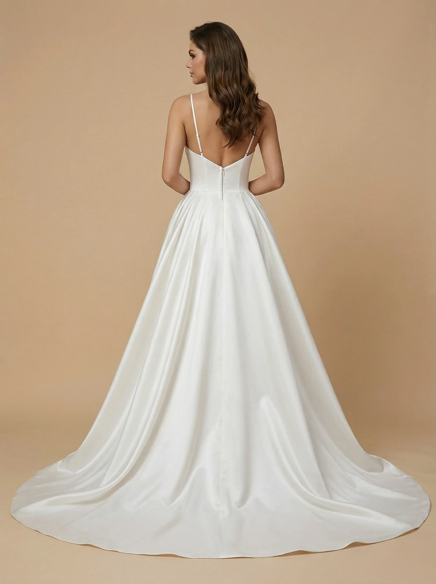 Mermaid Sleeveless Boning Maxi Long Satin Wedding Dresses With Detachable Spaghetti Straps