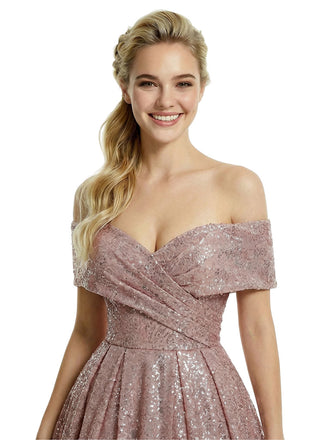 Beautiful Off Shoulder Ruched Sequin Prom Gown Classy Ballgown Long Dress