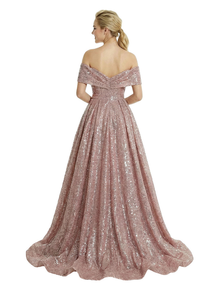Beautiful Off Shoulder Ruched Sequin Prom Gown Classy Ball Gown Long Dress