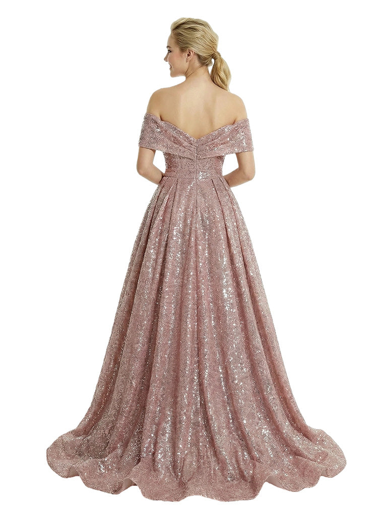 Beautiful Off Shoulder Ruched Sequin Prom Gown Classy Ball Gown Long Dress