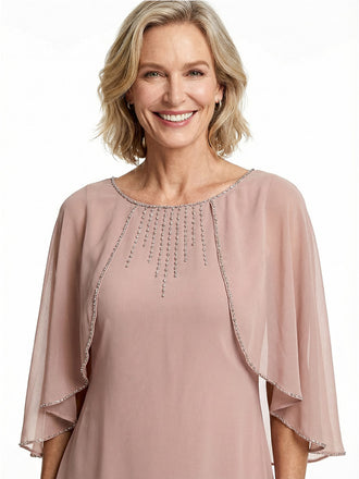 Beautiful Cape Sleeves Tiered Chiffon Beaded Sheath Mother Of The Bride Dress