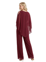 Elegant Chiffon Panusuit For Mother of the Bride With Cape Sleeves and Beaded V-Neckline
