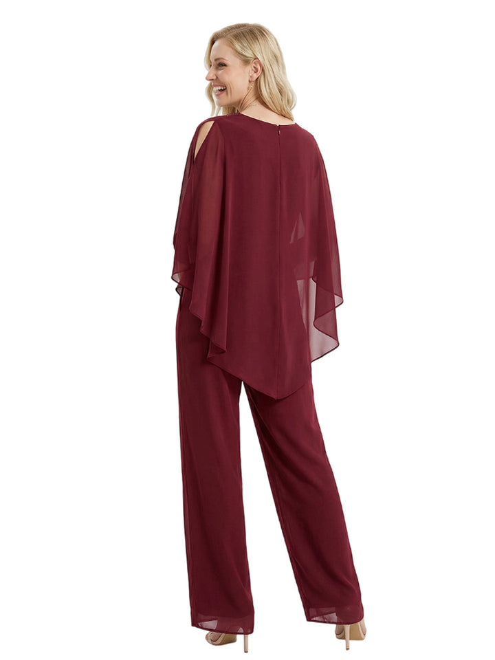 Elegant Chiffon Panusuit For Mother of the Bride With Cape Sleeves and Beaded V-Neckline