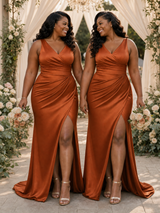 ChicSew Sexy V-Neck Ruched Side Slit Mermaid Soft Satin Long Bridesmaid Dresses