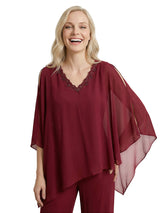 Elegant Chiffon Panusuit For Mother of the Bride With Cape Sleeves and Beaded V-Neckline