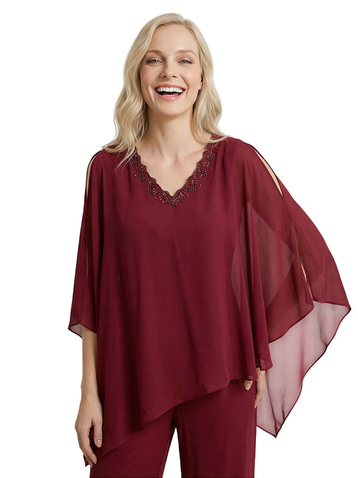 Elegant Chiffon Panusuit For Mother of the Bride With Cape Sleeves and Beaded V-Neckline