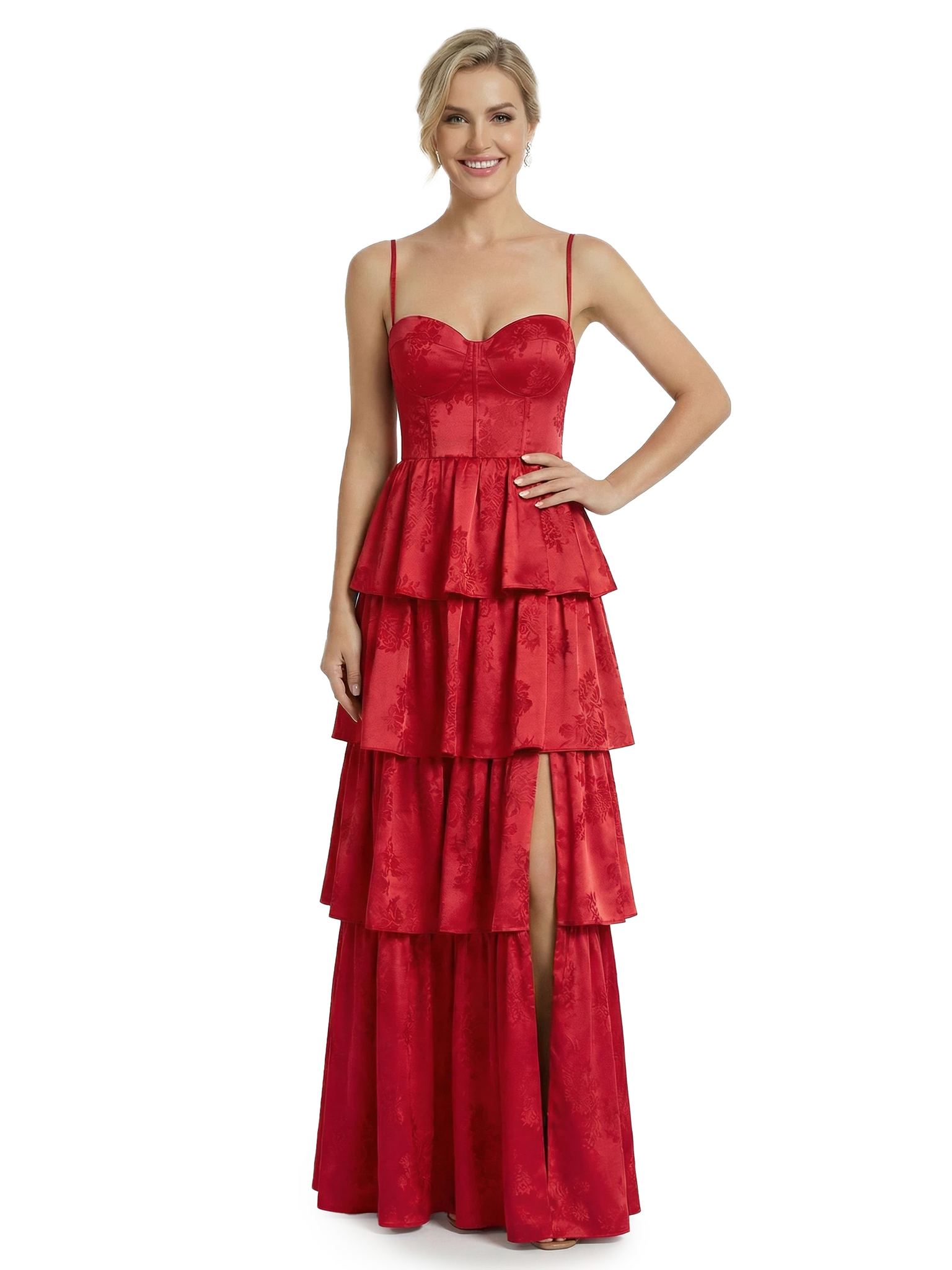 ChicSew Elegant Jacquard Satin Spaghetti Straps Side Slit A-Line Long Formal Evening Dresses