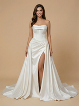 Mermaid Straight Across Boning Maxi Long Satin Wedding Dresses With Detachable Skirt