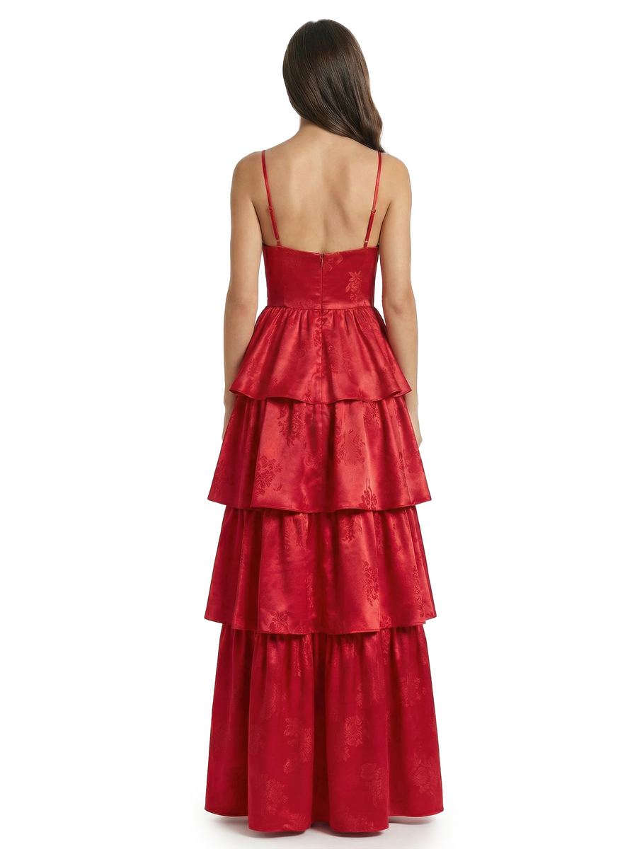 ChicSew Elegant Jacquard Satin Spaghetti Straps Side Slit A-Line Long Formal Evening Dresses