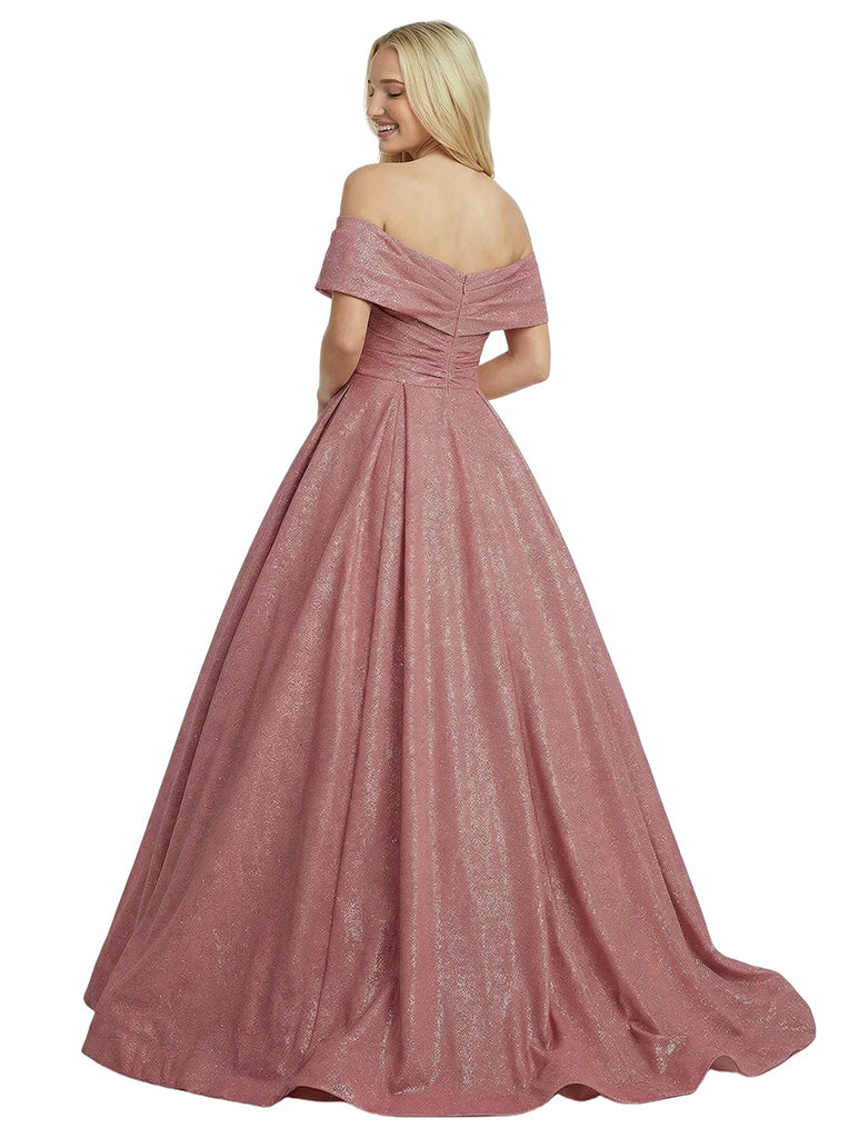 Gorgeous Off Shoulder Glitter Sequin A-line Ruched Evening Prom Dresses