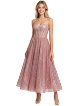Gorgeous Spaghetti Straps Glitter Tulle A-line Corset Ankle-Length Evening Prom Dresses