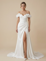 Mermaid Off Shoulder Maxi Long Satin Wedding Dresses Online With Train Side Slit