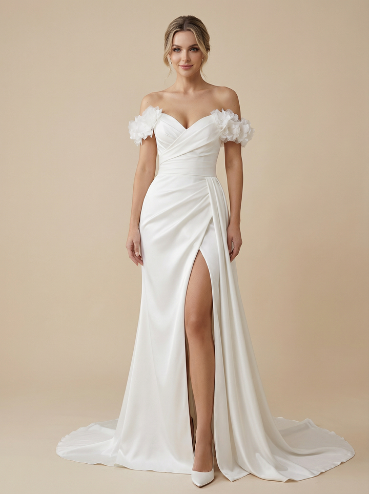 Mermaid Off Shoulder Maxi Long Satin Wedding Dresses Online With Train Side Slit