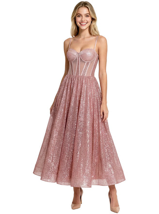 Gorgeous Spaghetti Straps Glitter Jersey A-line Boning Ankle-Length Evening Prom Dresses