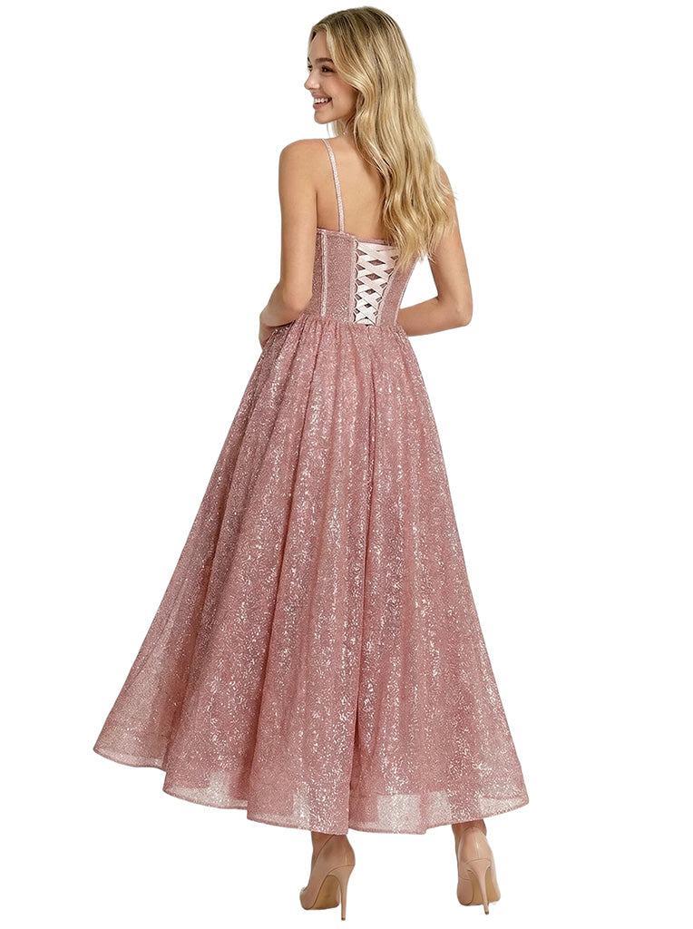 Gorgeous Spaghetti Straps Glitter Tulle A-line Corset Ankle-Length Evening Prom Dresses