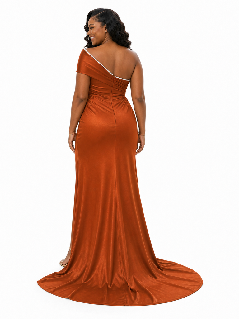 ChicSew Unique One Shoulder Soft Satin Mermaid Floor-Length Bridesmaid Dresses With Rhinestones