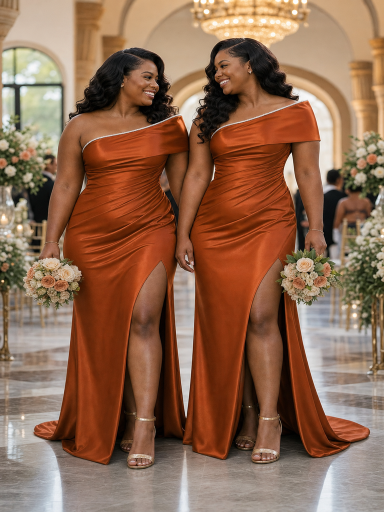 ChicSew Unique One Shoulder Soft Satin Mermaid Floor-Length Bridesmaid Dresses With Rhinestones