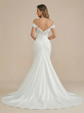 Mermaid Off The Shoulder Lace Appliques Maxi Long Satin Wedding Dresses Online With Train