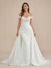 Mermaid Off The Shoulder Lace Appliques Maxi Long Satin Wedding Dresses Online With Train