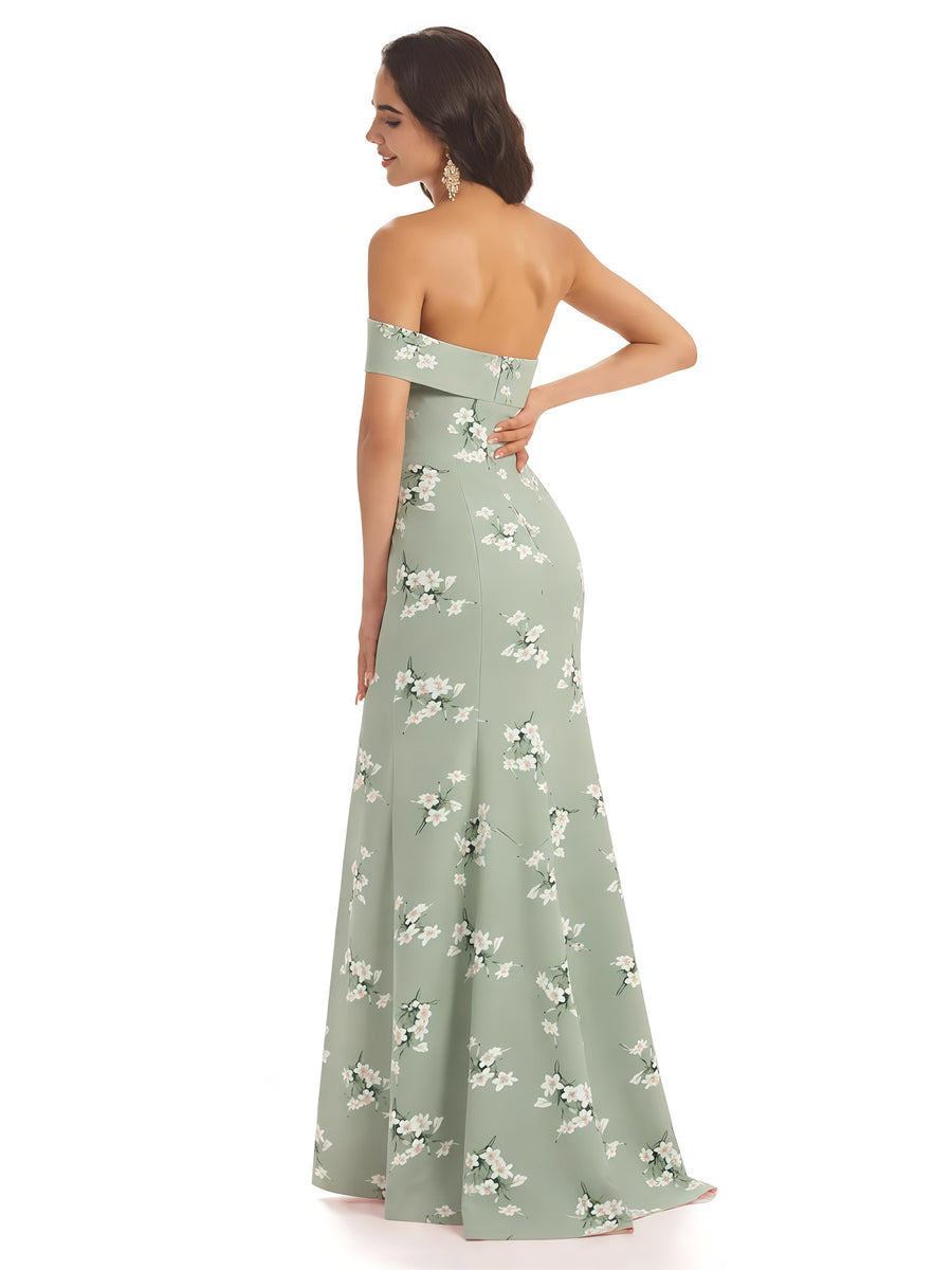 Sexy One Shoulder Sleeveless Mermaid Long Satin Floral Formal Dresses For Women