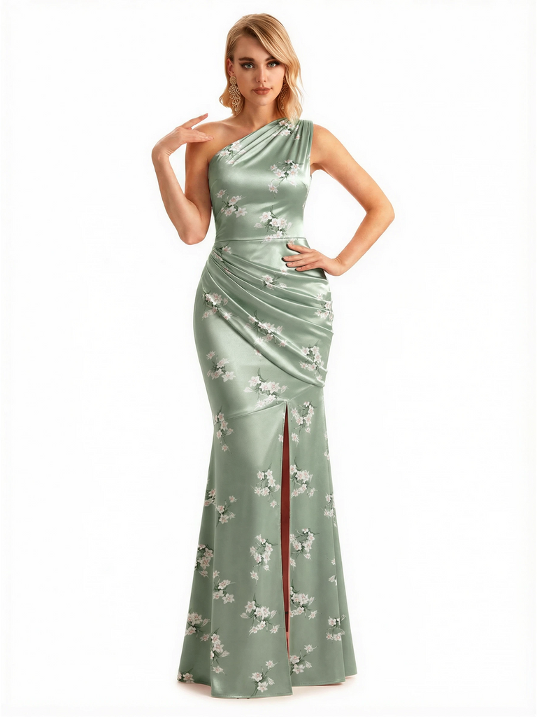 Sexy One Shoulder Side Slit Mermaid Long Satin Floral Formal Dresses For Women