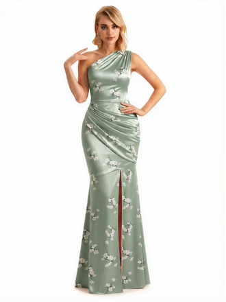 Sexy One Shoulder Side Slit Mermaid Long Satin Floral Formal Dresses For Women