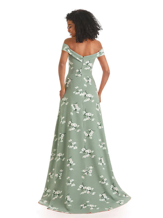 Trendy Off Shoulder A-Line Long Floral Satin Women Formal Evening Dresses