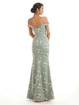 Trendy Cold Shoulder Side Slit Mermaid Floral Satin Maxi Floral Formal Dresses For Ladies