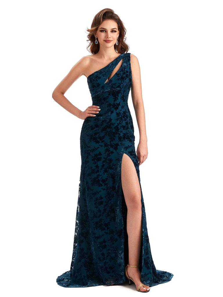 chicsew bridesmaid dresses ChicSew Floral Velvet Unique Long Bridesmaid Dresses Elegant One Shoulder Mermaid Side Split / wedding outfits for women, Dark-Navy