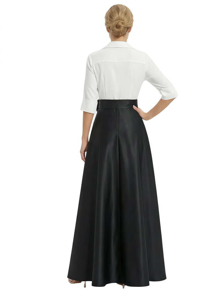 Elegant Black And White Satin V-Neck A-Line Half Sleeves Floor-Length Mother Of The Bride Dresses