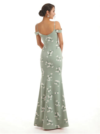 Trendy Cold Shoulder Side Slit Mermaid Floral Satin Maxi Floral Formal Dresses For Ladies