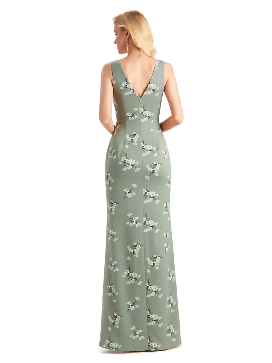Beautiful Mermaid V-Neck Floral Satin Maxi Floral Formal Dresses For Women