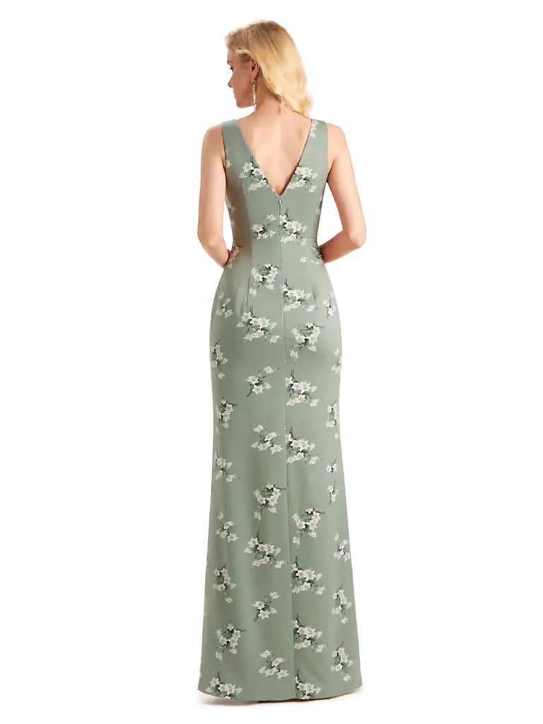 Beautiful Mermaid V-Neck Floral Satin Maxi Floral Formal Dresses For Women