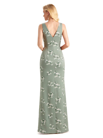 Beautiful Mermaid V-Neck Floral Satin Maxi Floral Formal Dresses For Women