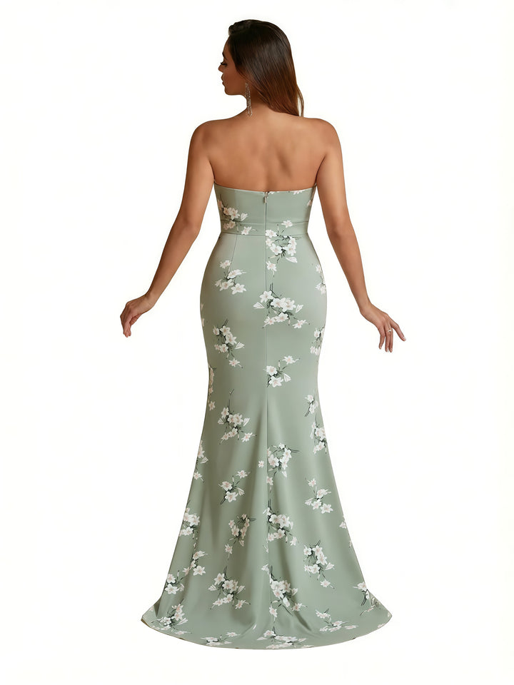 Trendy Sweetheart Strapless Side Slit Mermaid Long Satin Floral Formal Dresses For Women