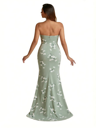 Trendy Sweetheart Strapless Side Slit Mermaid Long Satin Floral Formal Dresses For Women